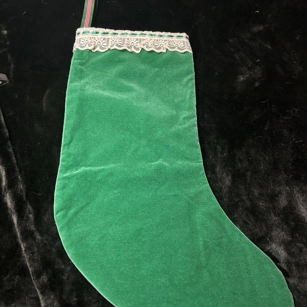 Handmade Vintage-Style Green Velvet and White Lace Christmas Stocking